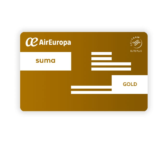 Tarjeta dorada Air Europa "suma" con textos y logotipo SkyTeam Elite Plus.