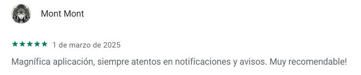 App review, five-star rating, highlights notification efficiency, highly recommended. Text included.