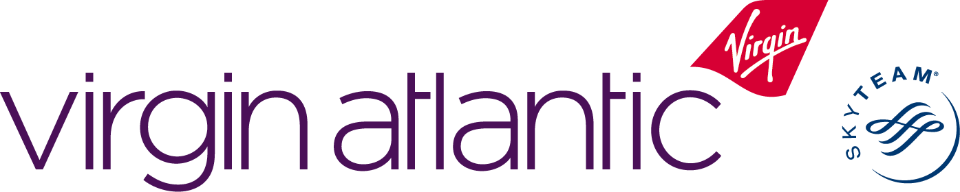 Logotipo da Virgin Atlantic com a inscrição SkyTeam em azul e design icônico sobre fundo branco.