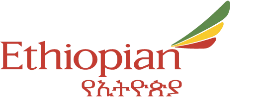 Ethiopian El logo dice "Ethiopian" con una ala tricolor verde, amarillo, rojo, fondo negro. Texto: የትዬ.