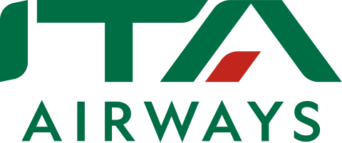 Le logo « ITA Airways », en lettres vertes et au design moderne, comprend un triangle rouge.