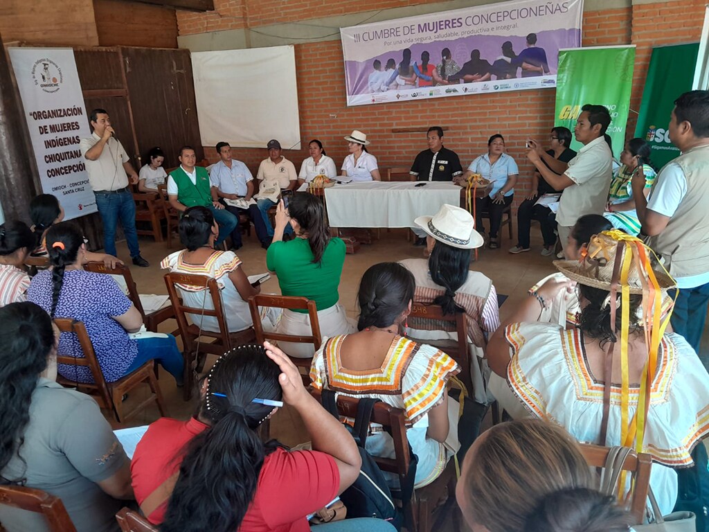 Des personnes sont assises et écoutent une conférence dans une salle décorée d'affiches sur le « Sommet des femmes de Concepción ».