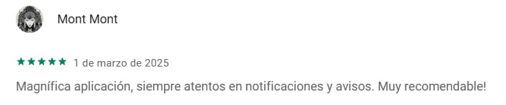 Recensione dell'app: cinque stelle, sottolinea l'efficacia delle notifiche, altamente consigliata. Testo incluso.