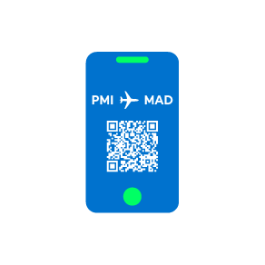 Phone displaying QR code with text "PMI ✈ MAD", indicating flight information.