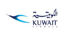 Logo bleu de Kuwait Airways avec texte en arabe et en anglais, design moderne.