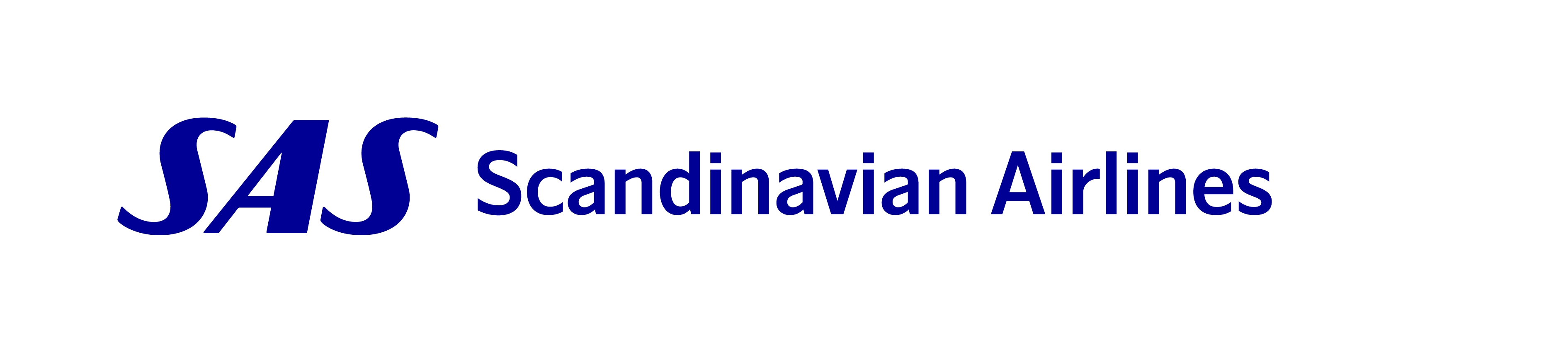 Scandinavian Airlines SAS logo, written in blue, on a white background, representing Scandinavian Airlines.
