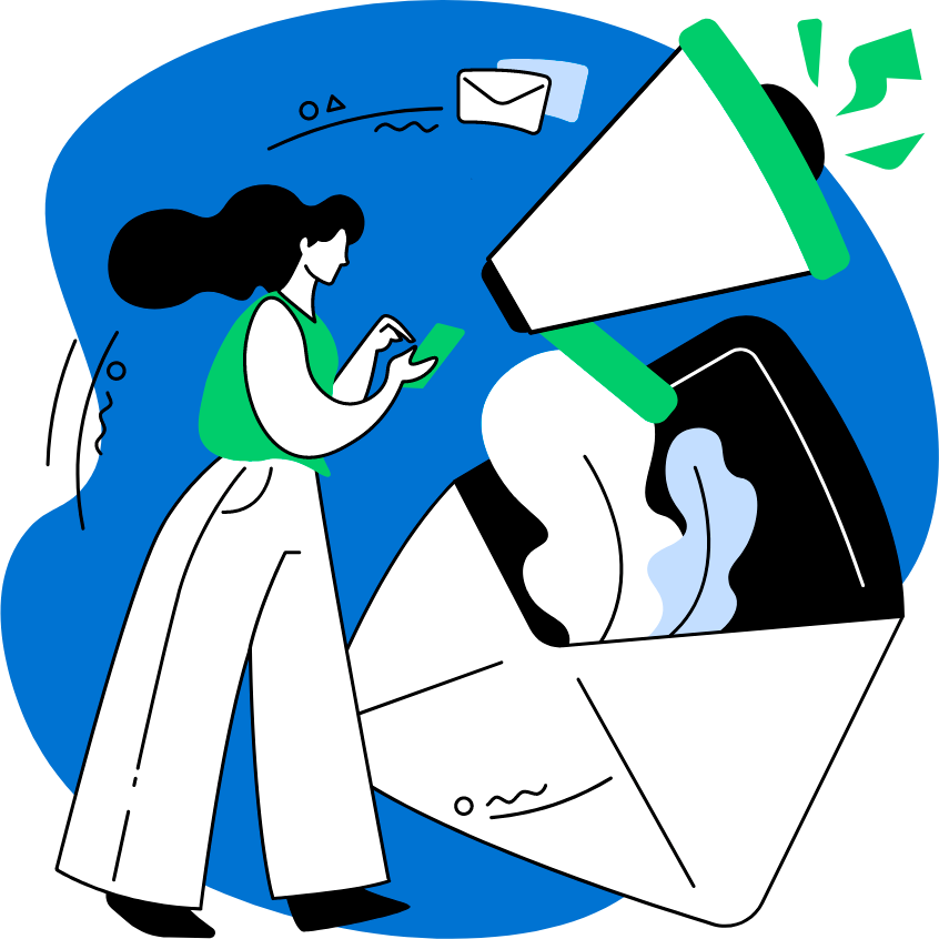 Dibujo mujer usando teléfono Mujer usando teléfono, frente a megáfono y sobre abierto; fondos azul y elementos geométricos.