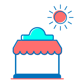 A simple tent with an awning under the bright sun on a white background.