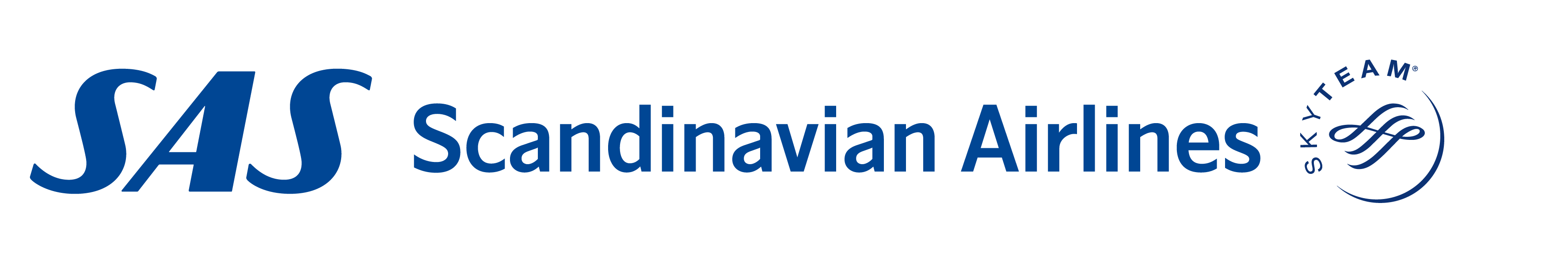 Sas logo Logo azul de SAS Scandinavian Airlines junto al logotipo de SkyTeam, fondo blanco.